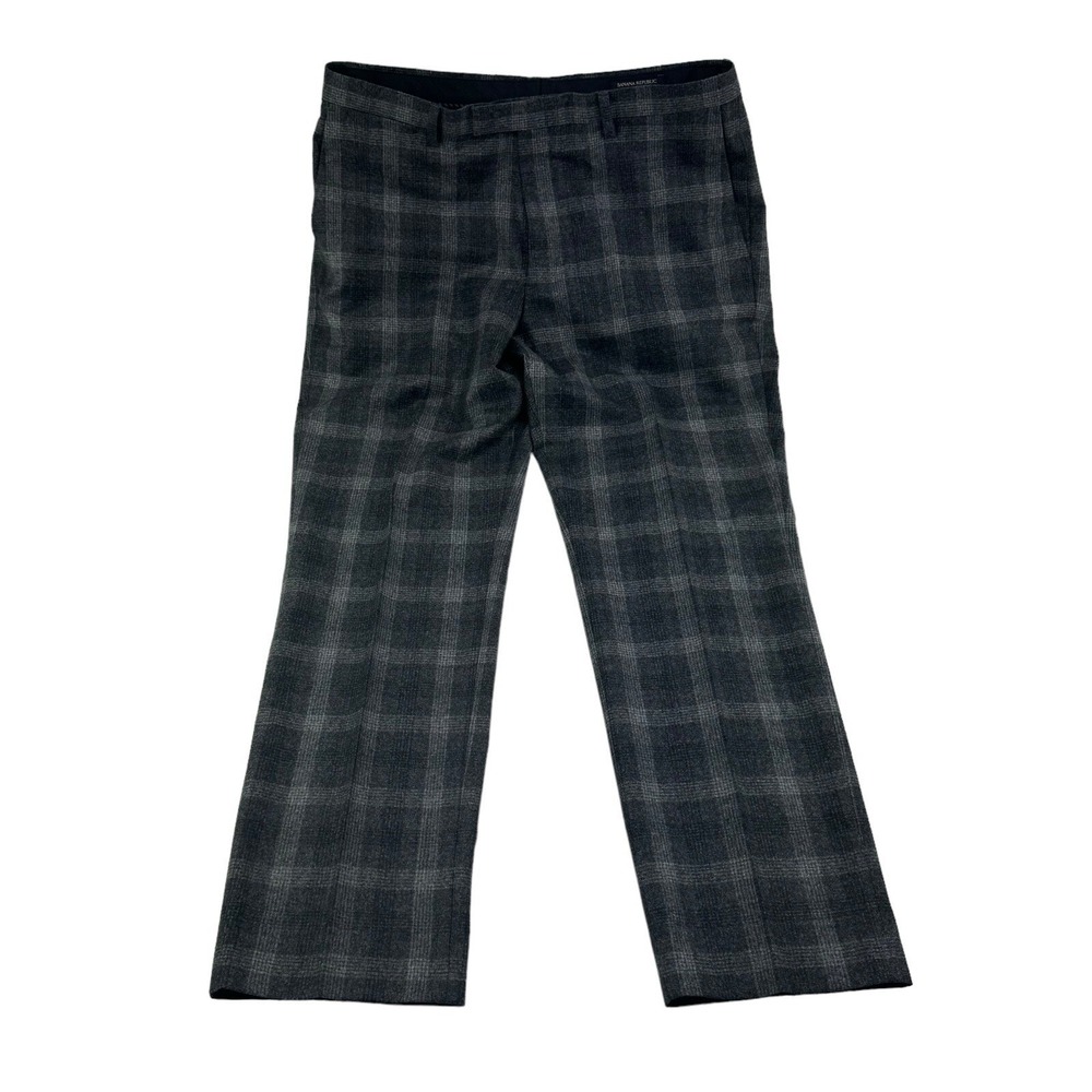Banana Republic Gray Check Marzotto Wool Flat Front Slim Fit Dress‎ Pants 34X29